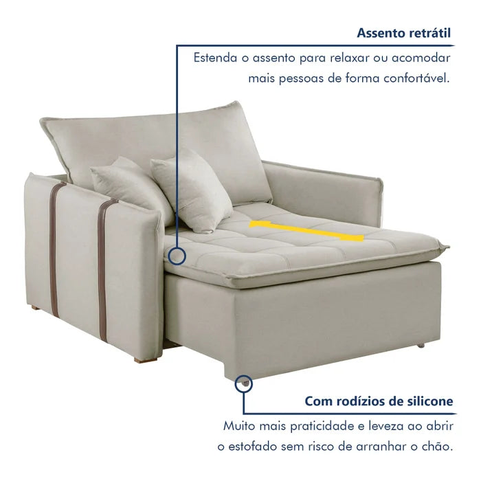 Poltrona Cama em Madeira Eucalipto 110 cm Detroid Yescasa Veludo Bege Claro