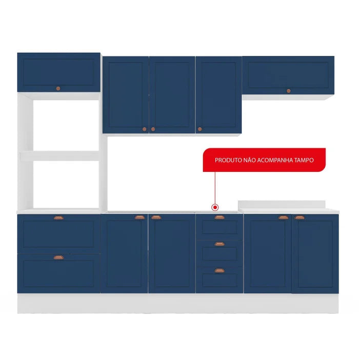 Cozinha Pérola com Rodapé 5 Peças Torre Quente Aéreo 3 Portas Balcão 120 Balcão 80 e Basculante Yesc Branco/Azul