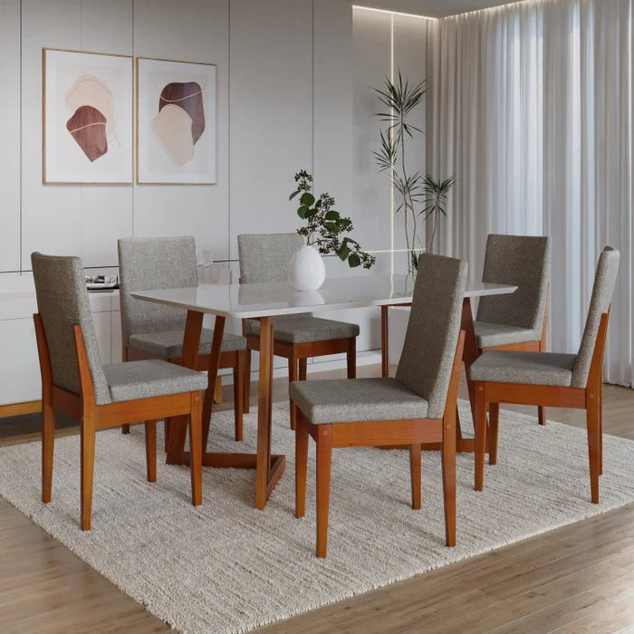 Conjunto Mesa Com Vidro Pés Madeira Maciça 6 Cadeiras Madeira Dakota Tecido A40 Caramelo