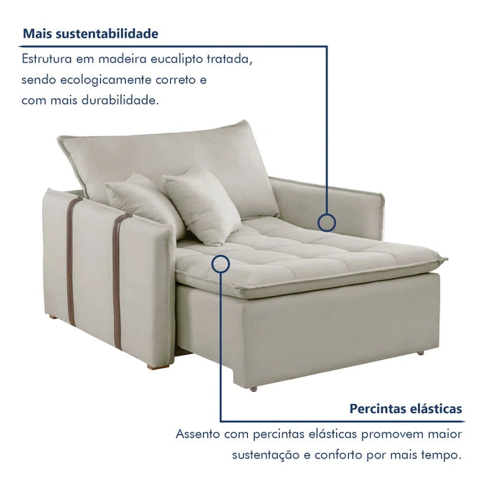 Poltrona Cama em Madeira Eucalipto 110 cm Detroid Yescasa Veludo Bege Claro