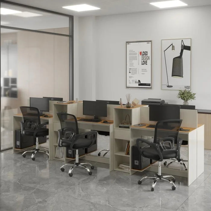 Estação de Trabalho 6 Lugares Office Smart 6 Mesas 4 Armários - Off White e Cedro Off White e Cedro