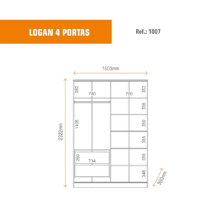 Guarda Roupa 4 Portas 2 Gavetas Logan Branco/Olmo Italiano