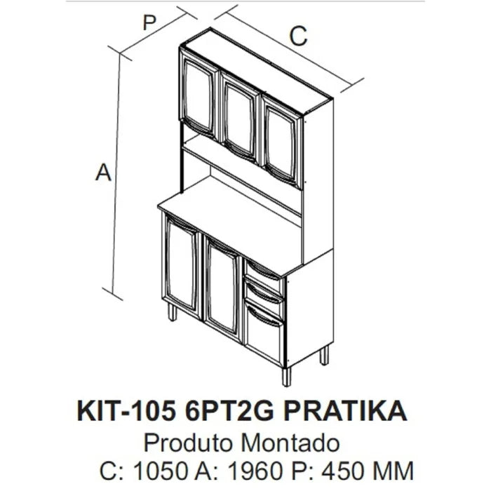 Cozinha Compacta em Aço 6 Portas (sendo 3 de Vidro) 2 Gavetas 105cm Pratika Itatiaia Branco
