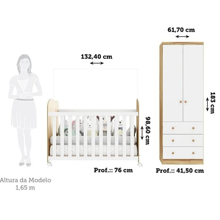 Quarto de Bebê com Guarda Roupa 2 Portas e Berço Teka 100% Mdf Espresso Móveis Branco Brilho/Amêndoa