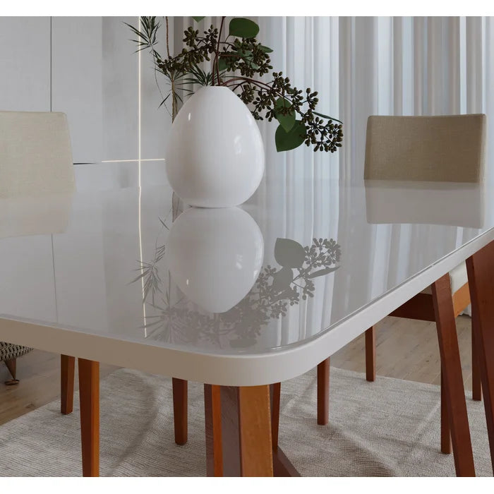 Conjunto Mesa Com Vidro Pés Madeira Maciça 6 Cadeiras Madeira Dakota Tecido A40 Caramelo