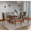 Conjunto Mesa Com Vidro Pés Madeira Maciça 6 Cadeiras Madeira Dakota Tecido A40 Caramelo