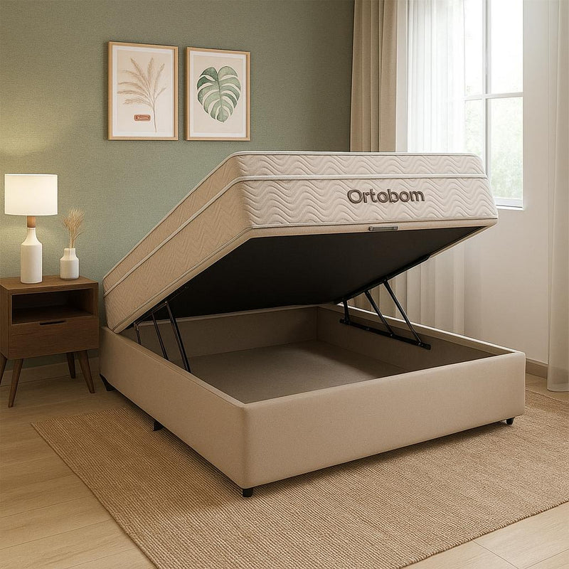 Cama Box com Baú Casal Bege e Colchão Ortobom Airtech Molas Ensacadas Bege