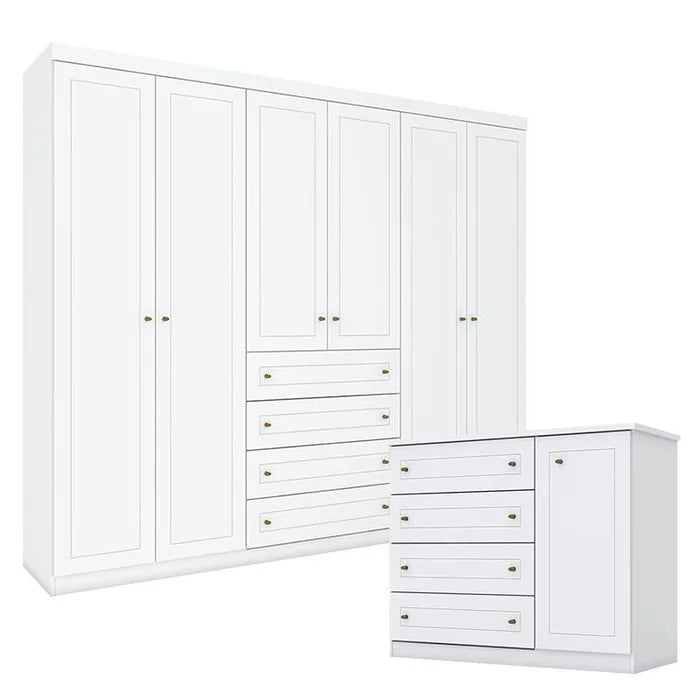 Cômoda e Guarda Roupa Casal 6 Portas Americano Branco Hp – Henn