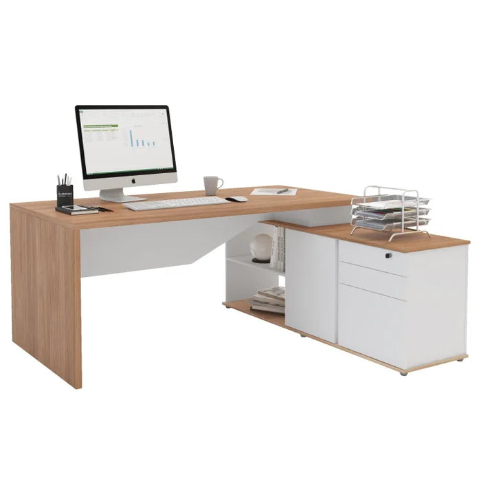 Mesa para Escritório Diretor em L 3 Gavetas 1 Porta Spring Yescasa Itapuã/Branco
