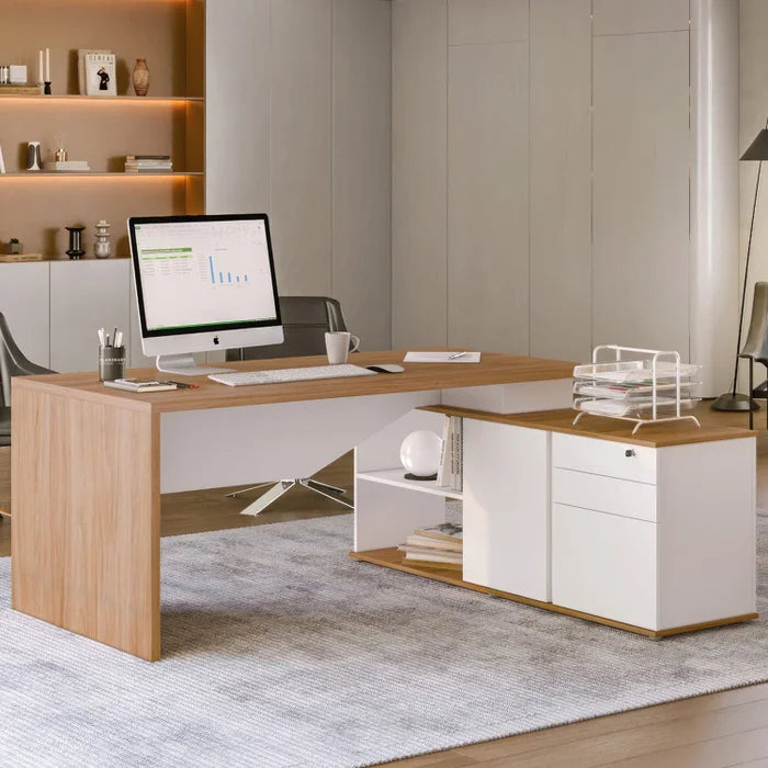 Mesa para Escritório Diretor em L 3 Gavetas 1 Porta Spring Yescasa Itapuã/Branco